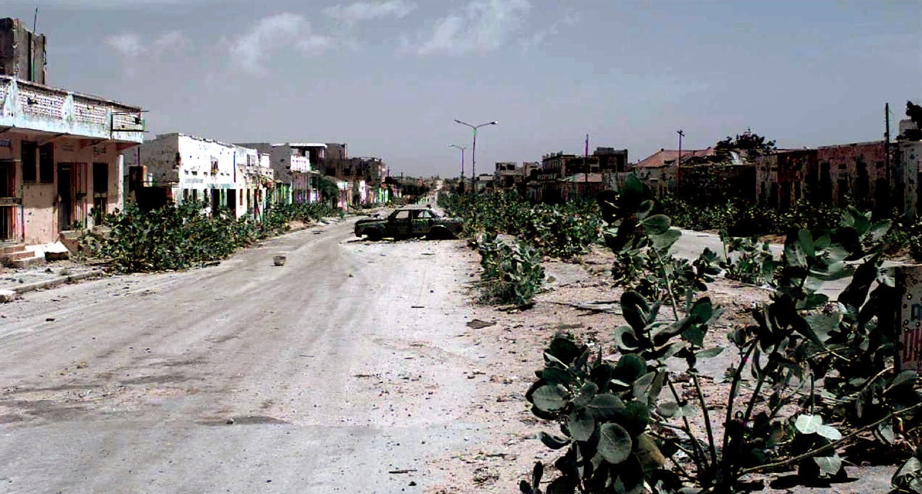 An empty, damaged street in Mogadishu known as the Green Line, which divided the city between rival factions.